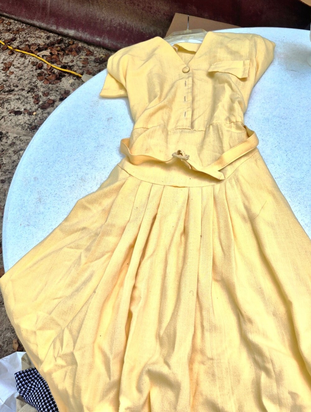 Vintage Pastel Yellow Belted Shirt Dress | Pleated Retro Midi Dress